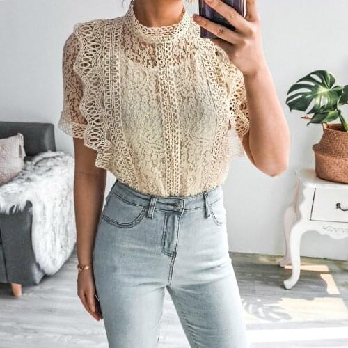 Summer Elegant Lace Tops Women Stand Collar Short Sleeve Fashion T Shirts Flower Temperament Tee Slightly Transparent Top Blouse