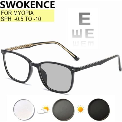 SWOKENCE Photochromic Anti Blue Light Myopia Glasses Prescription -0.5 to -10 Women Men TR90 Frame Astigmatism Customizable F217