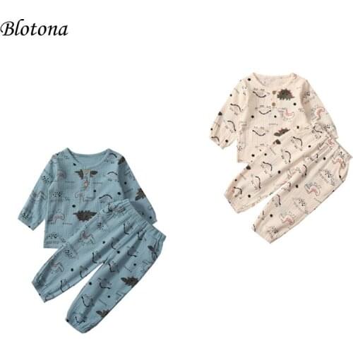Blotona Kids Casual T-shirt and Trousers Set Cartoon Dinosaur Long Sleeve O-Neck Cotton Linen Tops and Long Pants 6Months-5Years