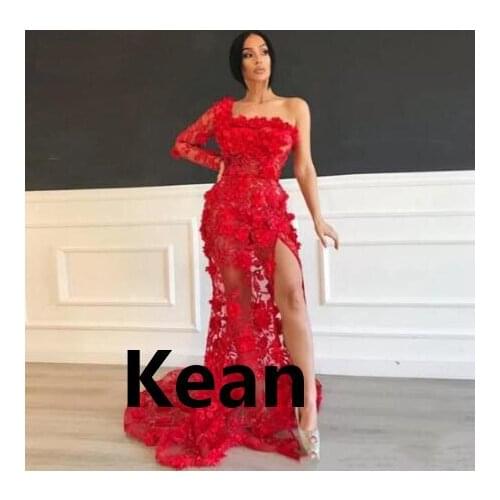 Illusion Red Lace Evening Dresses Slit Flowers One Sleeve robe de soiree Evening Gowns Prom Dress Vestidos De Festa