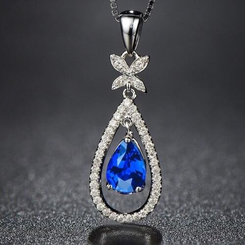 Fine S92 5 Jewelry Fashion Hollow Water Drop Pendant Necklace Hanging Blue Zircon Womens Wedding Party Luxury High Grade Choker