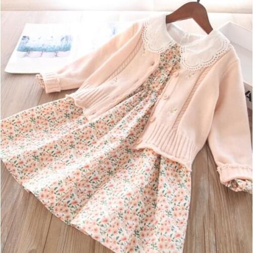 Girls clothing sets wholesale spring new baby girl 2pcs set knitted cardigan+floral print dress suits kids clothes