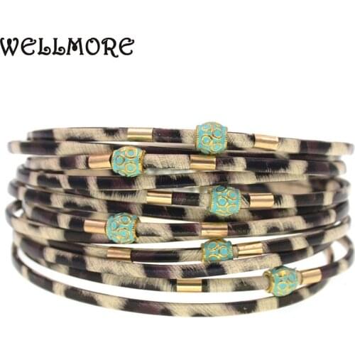 WELLMORE Leopard Leather Bracelets for Women metal beads magnet Bracelets & Bangles Multilayer Wide Wrap Bracelet Female jewelry