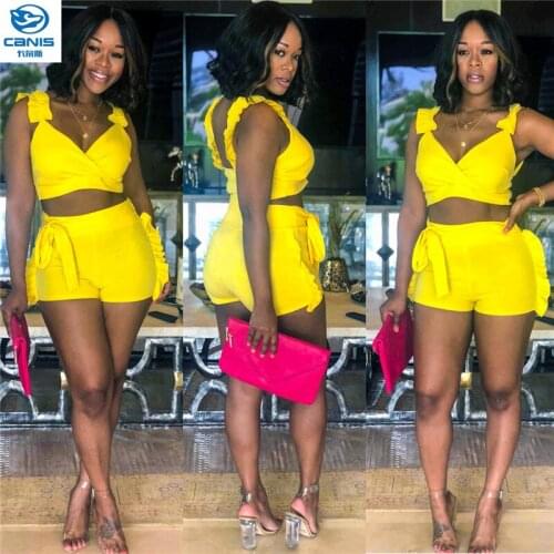 Summer Women Two Piece Set 2019 Yellow Strap Bralette Crop Tops High Waist Shorts Set Yoga Running Sports Tracksuits For Women