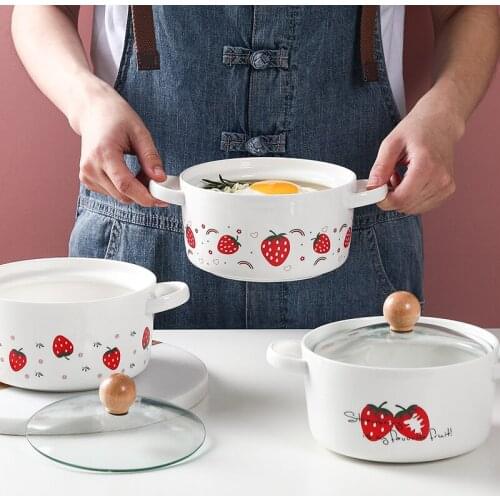 Cartoon Cute Strawberry Ceramic Bubble Noodle Bowl with Cover Double Ear Household Soup Bowl Anti Scalding Salad Bowl