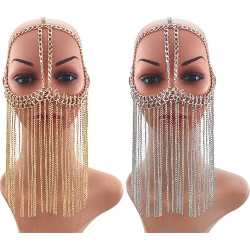 Fashion Sexy Tassel Head Chain Long Aluminum Face Mask Head Chains Halloween Stage Performance Bar Nightclub Headwear