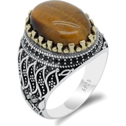 Natutal Tiger Eyes Stone Real Pure 925 Sterling Silver Ring For Men Black Zircon Stone Osier Flower Punk Style Party Wedding Rin