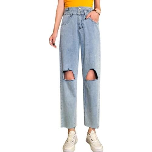 Cheap High-waist Ripped Jeans Women Loose Fit Straight Wide Leg Pants Irregular Ripped Women Pants Autumn In 2020