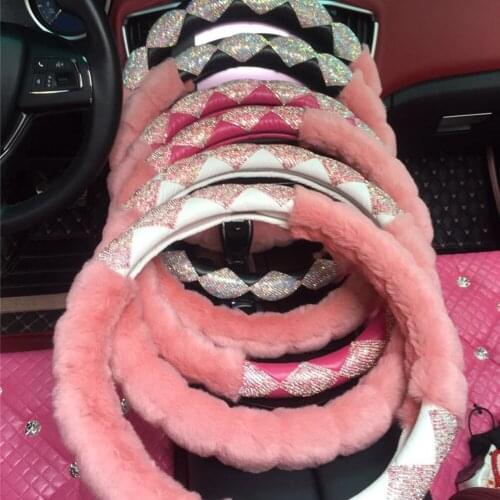 Fall/winter Plush 37-38cm Car Steering Wheel Cover High-grade with Cystal Diamond Faux Fur Steering Wheel Cover for Women