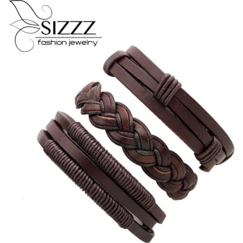 SIZZZ 18-20cm Long Adjustable New Fashion Personality Tide Male Leather Braided Three Combinations Into One Bracelet For Men
