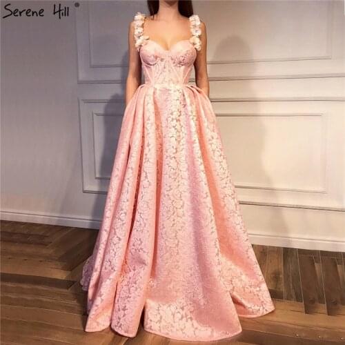 Dubai Pink Sleeveless Sexy Prom Dresses Design 2020 Real Photo Flowers Crystal Lace Prom Gowns Serene Hill BLA6522