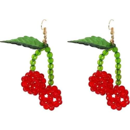 Sweet and Cute Beaded Cherry Earrings Creative Personality Red Fruit Cherry Pendant Earrings Temperament Wild Jewelry