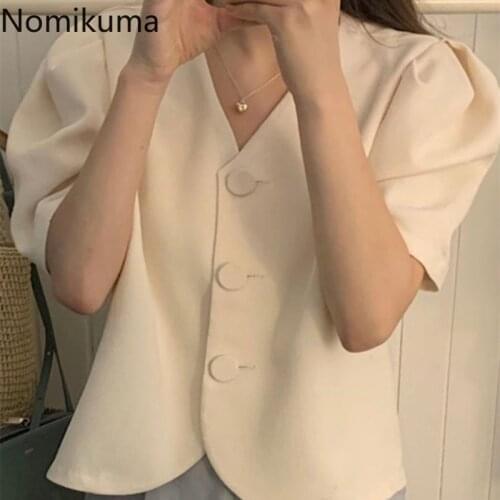 Nomikuma Chic Short Blouse Coat Causal Korean Puff Sleeve V-neck Shirt 2021 Spring Summer Single Breasted Women Top Blusa 6G562