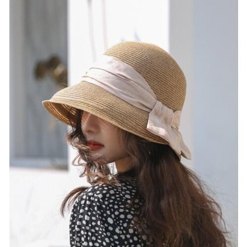 Womens summer hat Womens bucket hat Straw hat beach hat ceremony womens hats spring 2021 bow raffia visor sun protection hat