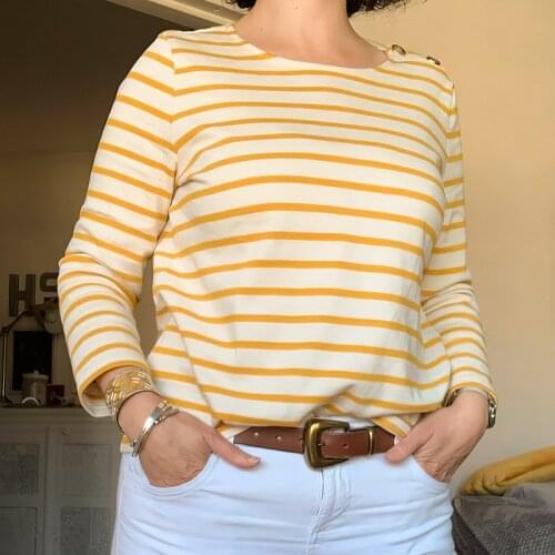 Retro Striped Tshirts 2021 Autumn Women Round Neck Long Sleeve Shoulder Button Organic Cotton T-shirt Vintage Casual T-shirts