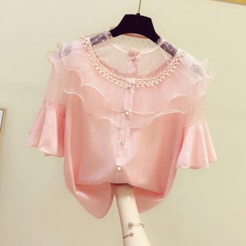 Ruffles Patchwork Women Shrits 2020 Summer New Short-Sleeved Loose Pink Lady Elegant Shirts Outwear Coat Tops