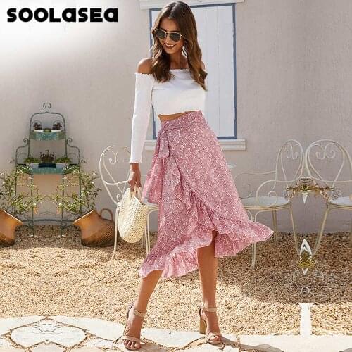 Soolasea Irregular Floral Print Ruffles Midi Skirt Women Chiffon High Waist Split Skirts Summer 2021 New Elegant Female Bottoms