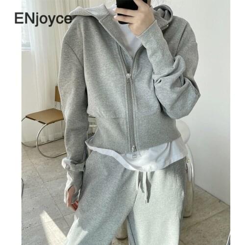 Women Hooded Sweatshirt Korean Style Double Zipper Hoodie Jacket Casual Short High Waist Loose Hooded Cropped Tops Spring 2021