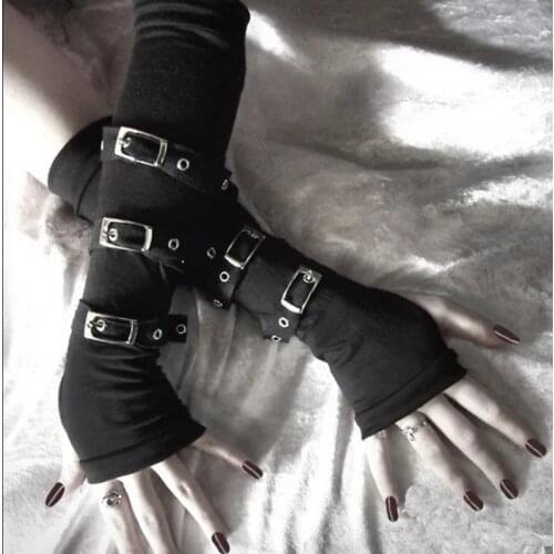 Women Punk Black Ninja Mittens 2021 Dark Lady Gothic Adjustable Eyelet Ribbon Buckle Cargo Gloves Elbow Fingerless Cool Glove