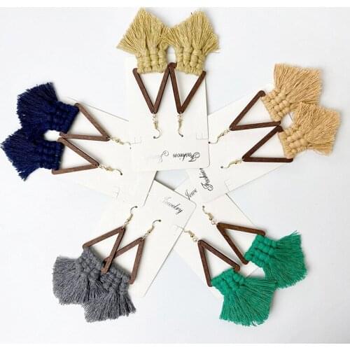 BOHO Cotton String Mermaid Macrame Tassel Wooden Triangle Dangle Drop Earrings for Women Handmade Custom Wooden Jewelry New