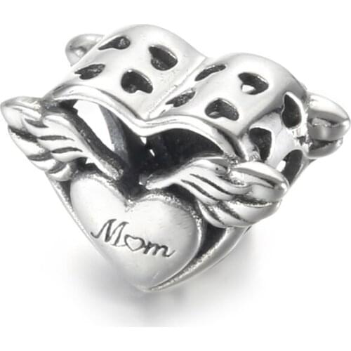 Authentic S925 Silver Charm Mom Angel Wing Heart Bead for Women Bracelet Bangle DIY Jewelry Girl Gift