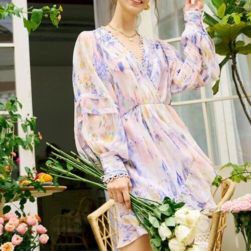 Women Irregular High Waist Mini Dress 2021 New Summer Ong Sleeve Blooming Floral Print Ruffles Short Dresses Robe Fashion