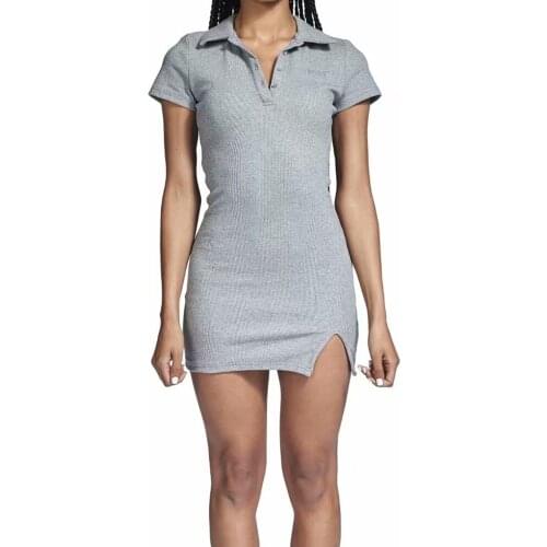 Summer Casual Knitted Ribbed Bodycon Dresses Women Turn-Down Collar Short Sleeve Slim Mini Dress Slit High Waist Dress Clothes