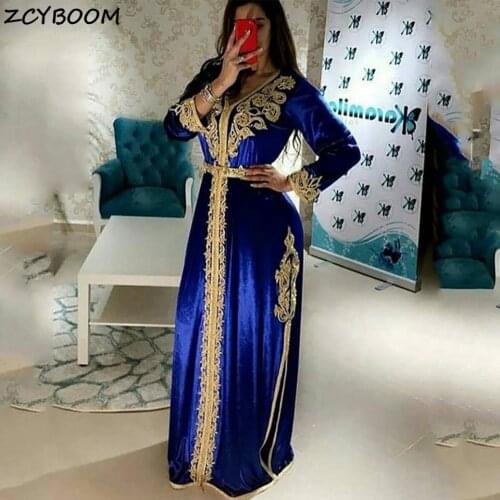 Royal Blue Muslim Prom Dress 2021 Women Formal Party Night Vestidos De Gala Embroidery Elegant Saudi Arabia Velour Evening Gowns