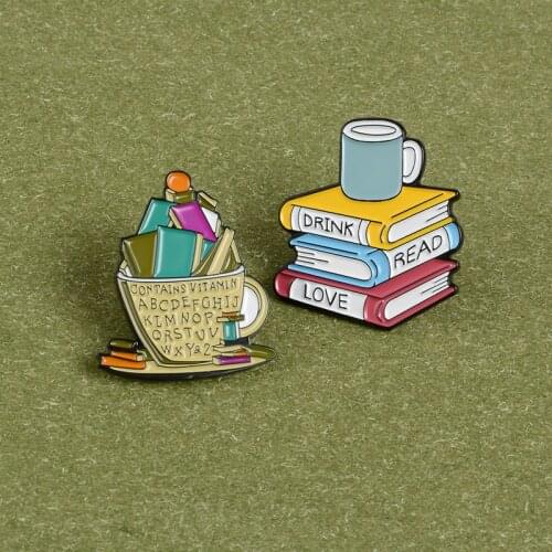 Love Reading and Drink Metal Enamel Brooch Color Books Tea Cup Badge Pin Cartoon Trendy Costume Backpack Jewelry Gift