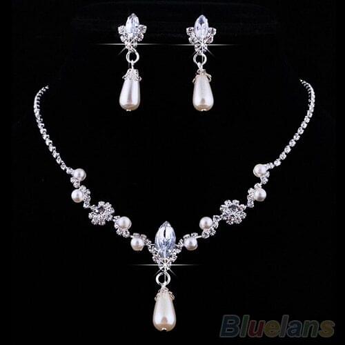 2016 Bridal Wedding Faux Pearls Rhinestone Necklace Water Drop Earrings Jewelry Set ARZM