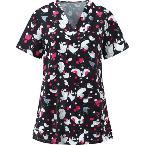 2021 Clinical Uniforms Woman Women Short Sleeve V-neck Cartoon Pattern Tops Nursing Working Uniform T-shirts Uniform Clinical