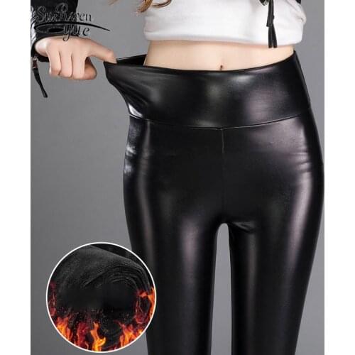 2021 New Style Womens Warm-Keeping Pants High Waist Thicken Velvet PU Leather Pants Winter Women Slim-Fit Trousers 11500