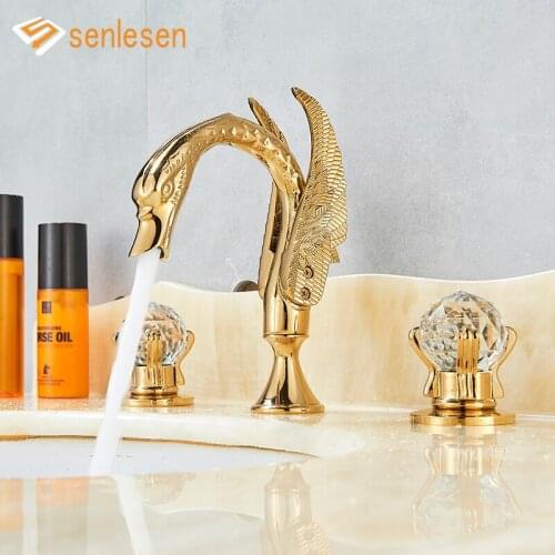 Senlesen 3pcs Basin Faucet Golden Solid Dual Crystal Handles Bathroom Washing Faucet For Cold and Hot Water Sink Mixer Taps