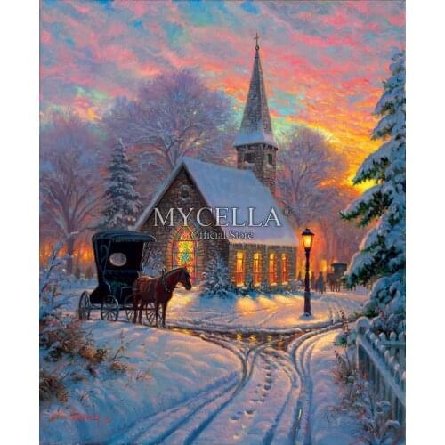 Diamond Embroidery Carriage Chapel Winter Sunset 5D Diy Diamond Painting Cross Stitch Diamond Mosaic Home Decor Wall Stickers