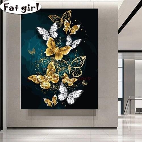Diamond Painting Abstract Art 5D Diy Cross Stitch Golden White Butterfly Handmade Square Round Drill Embroidery Mosaic Decor