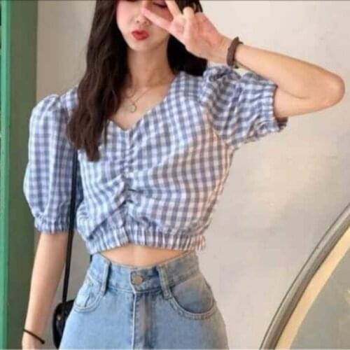 Blouses Women Short Sleeve Trendy Crop Tops Female Summer Korean Style All-match Simple Pleated Sweet Shirts Casual Puff Sleeves