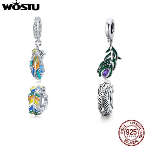 WOSTU 925 Sterling Silver Colorful Enamel Feather Charms Beads fit Original Bracelet Charms Silver 925 Jewelry CTC304