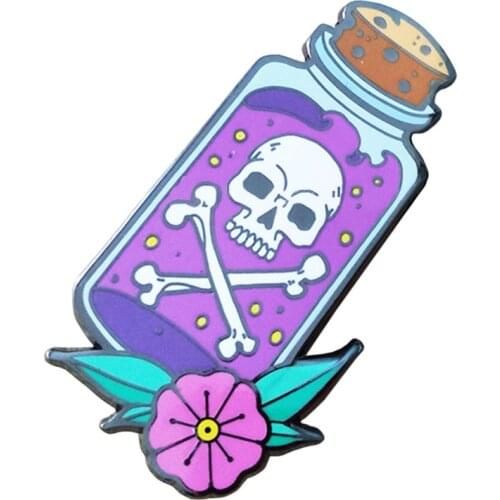 Poison potion bottle enamel pin skull crossbones brooch flower spooky badge Halloween goth accessory
