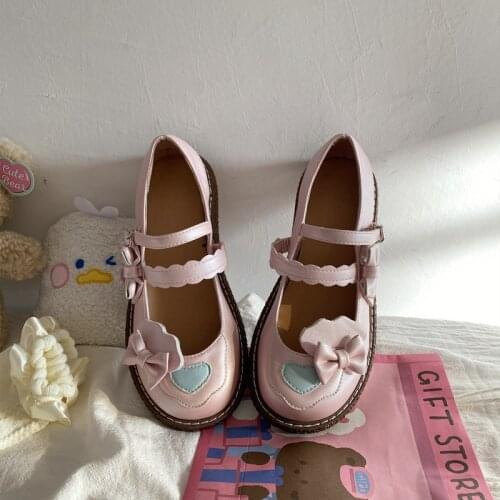 Lolita Jk Uniform Shoes Soft Girl Round Toe Bow Heart Bow Kawaii Cute Loli Style Female Flats Harajuku Anime Sweet Girls Goth Pu