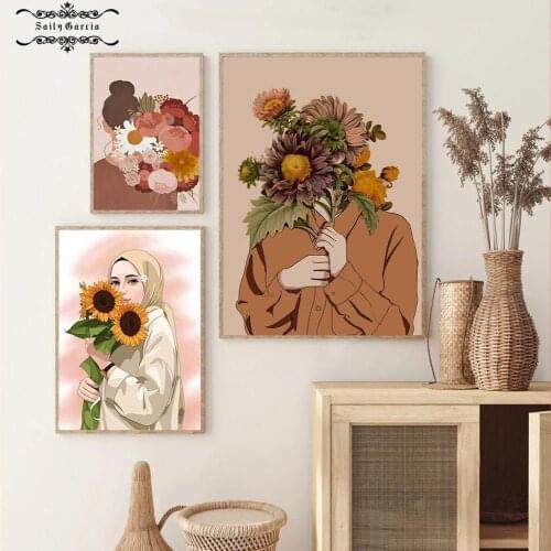 Cartoon Illustration Flowers and Girl Wall Art Canvas Painting Nordic Posters and Prints Pictures for Modern Home Interior Decor