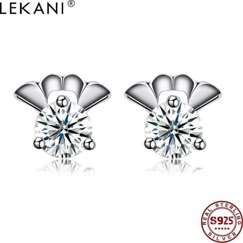 LEKANI Fan Shape 925 Sterling Silver Stud Earrings For Women Shine Clear Cubic Zirconia Small Earring Anniversary Fine Jewelry