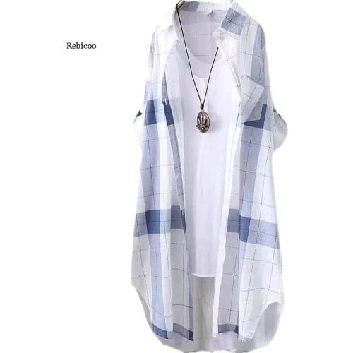 Summer Sunscreen Women Jacket Coat Medium Long Plus Size Shirts Female Loose Blouses Womens Casual Fashion Plaid Top Coats