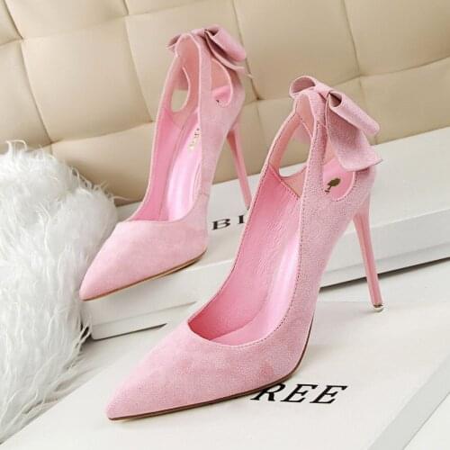 Sweet Women Pumps Shoes Folck Shallow Pointed Toe Hollow Slip-On Butterfly-knot 10.5cmThin High Heels Party Club Female Shoes