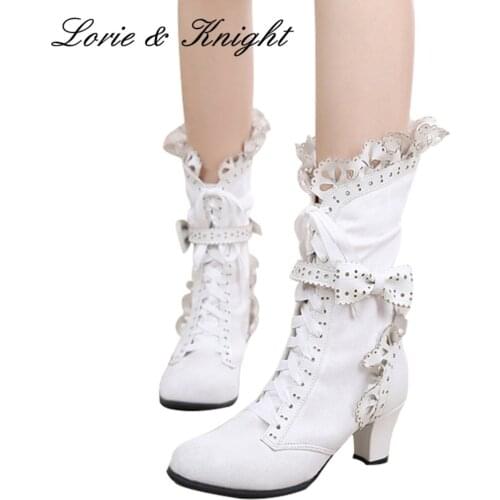 Japanese Style Sweet Faux Suede Slim Boots Ruffle Trim Lace Up Princess Lolita Cosplay Mid Calf Boots