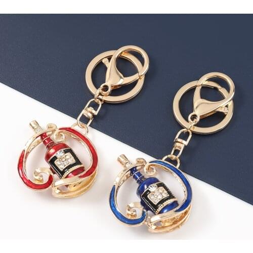 Fashion Metal Dripping Oil Rhinestone Wine Bottle Holder Keychain Female Car Key Ring Backpack Pendant Campus Accessories