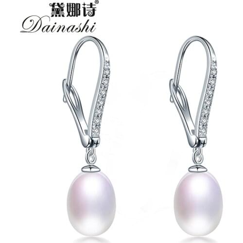 Dainashi Fashion 925 Sterling Silver Zircon Drop Earrings 100% Genuine Freshwater Cultured Pearl Dangle Drop Earrings for Women