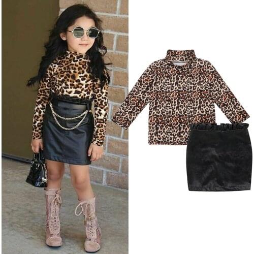 Fashion Baby Girls Clothes Set Long Sleeve Leopard Tops T-Shirt + Ruffle Faux Leather Skirt 2 Pcs Girls Clothing Outfits Set