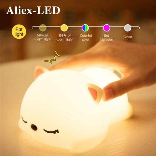LED Cute Cat Children Night Light USB Rechargeable Soft Silicone Bedroom Decor Bedside Lamp With Remote for Kids Baby Gift