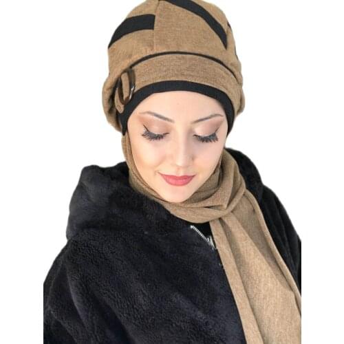 New Fashion Hijab Women 2021 Muslim Hijab Islamic Scarf Hijab Turban Scarf Milky Coffee Color Scarf Buckle Black Stripe Beanie