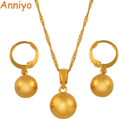 Anniyo Gold Color Beads Necklace Earrings for Women Girls,Charm Jewelry sets Round Ball Necklaces African,Arab,Nigeria #133106